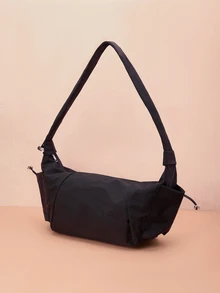 Hatastic 1件尼龍布料多口袋餃子造型女款休閒百褶抽繩斜肩包，柔軟隨性，百搭波希米亞風格街頭日系女包，適合音樂節、開學季禮物 - 黑色 - 查看 2