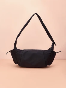 Hatastic 1件尼龍布料多口袋餃子造型女款休閒百褶抽繩斜肩包，柔軟隨性，百搭波希米亞風格街頭日系女包，適合音樂節、開學季禮物 - 黑色 - 查看 4