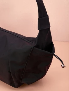 Hatastic 1件尼龍布料多口袋餃子造型女款休閒百褶抽繩斜肩包，柔軟隨性，百搭波希米亞風格街頭日系女包，適合音樂節、開學季禮物 - 黑色 - 查看 3