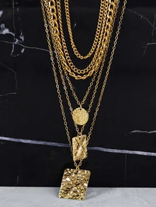 CHICVUE 6件套女士锌合金链条叠戴项链，甜美酷炫几何吊坠套装，圣诞礼物 - 金黃色 - 查看 3