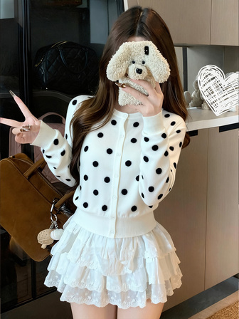 Women's Casual Polka Dot Knit Cardigan Top, Long Sleeve Knit Sweater, Autumn/Winter