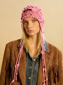 Tropiscape 1 chiếc mũ len dệt thủ công kiểu Bohemian đính hoa, tua rua và hạt pha lê dành cho nữ, kiểu khăn xếp, băng đô, mũ len khoét lỗ cổ điển, quà tặng thời trang đa năng phong cách Cottagecore, trang phục mùa hè. - Xem 6