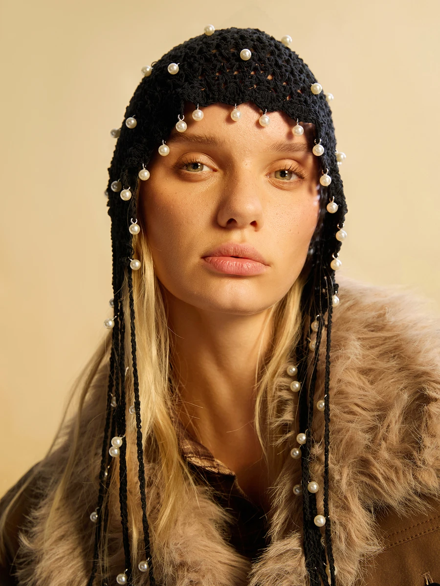 Tropiscape 波西米亚复古手工流苏时尚红色球帽女式头巾帽冬季护耳绷带帽针织保暖帽户外保暖帽，适合滑雪和旅行，秋季配饰圣诞礼物 - 彩色 - 查看 1