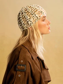 Tropiscape 1 Mũ len đan tay đính sequin nhẹ, khoét lỗ cho nữ, thích hợp mặc ngoài trời hàng ngày vào mùa xuân, mùa hè, mùa thu, phụ kiện mùa thu, quà tặng Giáng sinh - Kim sa rỗng - Xem 3