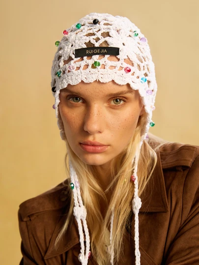 Tropiscape 1件装 女士波西米亚风花卉流苏水晶串珠手工针织帽，头巾式发带，复古镂空针织帽，百搭时尚圣诞礼物