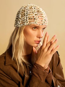 Tropiscape 1 Mũ len đan tay đính sequin nhẹ, khoét lỗ cho nữ, thích hợp mặc ngoài trời hàng ngày vào mùa xuân, mùa hè, mùa thu, phụ kiện mùa thu, quà tặng Giáng sinh - Kim sa rỗng - Xem 4