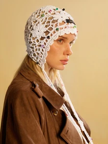 Tropiscape 1 chiếc mũ len dệt thủ công kiểu Bohemian đính hoa, tua rua và hạt pha lê dành cho nữ, kiểu khăn xếp, băng đô, mũ len khoét lỗ cổ điển, quà tặng thời trang đa năng phong cách Cottagecore, trang phục mùa hè. - Xem 3