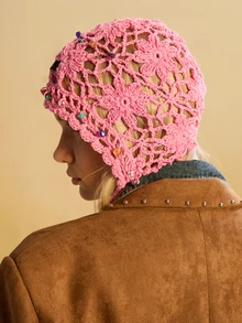 Tropiscape 1 chiếc mũ len dệt thủ công kiểu Bohemian đính hoa, tua rua và hạt pha lê dành cho nữ, kiểu khăn xếp, băng đô, mũ len khoét lỗ cổ điển, quà tặng thời trang đa năng phong cách Cottagecore, trang phục mùa hè. - Xem 10