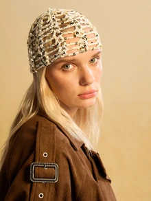 Tropiscape 1 Mũ len đan tay đính sequin nhẹ, khoét lỗ cho nữ, thích hợp mặc ngoài trời hàng ngày vào mùa xuân, mùa hè, mùa thu, phụ kiện mùa thu, quà tặng Giáng sinh - Kim sa rỗng - Xem 5