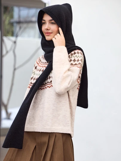 Hatastic 1件装女士时尚纯色黑/米/棕/红条纹仿羊毛连帽保暖披肩围巾，适合秋冬季外出配饰，女士礼物，音乐节