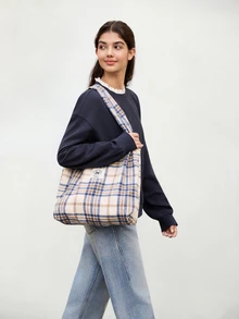 Hatastic Túi tote kẻ caro tối giản, nhẹ, dễ mang theo, cổ điển, giản dị dành cho nữ sinh trung học, sinh viên đại học, giáo viên, nhân viên văn phòng, người mới vào nghề và nhân viên văn phòng. Hoàn hảo cho văn phòng, hoạt động ngoài trời, trường tiểu học, trung học cơ sở, trung học phổ thông, công việc, kinh doanh, đi lại. Túi quà tặng tốt nhất, quà tặng lễ hội âm nhạc. - Màu Khaki - Xem 4