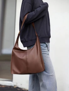 Hatastic Túi đeo chéo bằng da PU màu trơn đa năng mới, túi tote dáng baguette tối giản phong cách thường ngày, quà tặng cho lễ hội âm nhạc. - Cà phê nâu - Xem 2