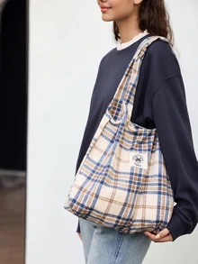 Hatastic Túi tote kẻ caro tối giản, nhẹ, dễ mang theo, cổ điển, giản dị dành cho nữ sinh trung học, sinh viên đại học, giáo viên, nhân viên văn phòng, người mới vào nghề và nhân viên văn phòng. Hoàn hảo cho văn phòng, hoạt động ngoài trời, trường tiểu học, trung học cơ sở, trung học phổ thông, công việc, kinh doanh, đi lại. Túi quà tặng tốt nhất, quà tặng lễ hội âm nhạc. - Màu Khaki - Xem 3