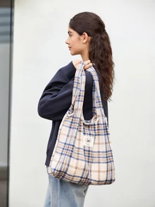 Hatastic Túi tote kẻ caro tối giản, nhẹ, dễ mang theo, cổ điển, giản dị dành cho nữ sinh trung học, sinh viên đại học, giáo viên, nhân viên văn phòng, người mới vào nghề và nhân viên văn phòng. Hoàn hảo cho văn phòng, hoạt động ngoài trời, trường tiểu học, trung học cơ sở, trung học phổ thông, công việc, kinh doanh, đi lại. Túi quà tặng tốt nhất, quà tặng lễ hội âm nhạc. - Màu Khaki - Xem 1