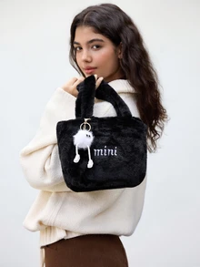 Hatastic Plush Pendant, New Autumn/Winter Plush Handbag For Women, Fashionable Casual Furry Small Square Bag, Letter Patchwork Women's Bag, Casual Bag, Versatile Commuter Bag Gifts - Black - View 5