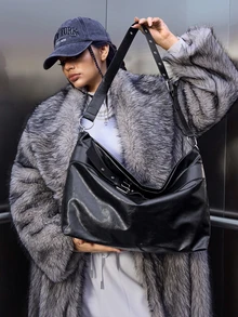 DareSee 1个大容量柔软皮革质感休闲手提包，女士通勤日常单肩包，设计独特，复古时尚百搭，可作腋下包，新款女士手提包，音乐节礼物之选 - 黑色 - 查看 2