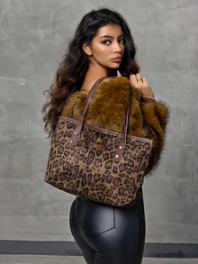 DareSee 新款女士包包，复古时尚豹纹大容量手提包。拉链开口，轻便简约的单肩包。适合日常休闲、通勤、工作和学生使用，也是音乐节等场合的理想礼物。 - 棕色 - 查看 2