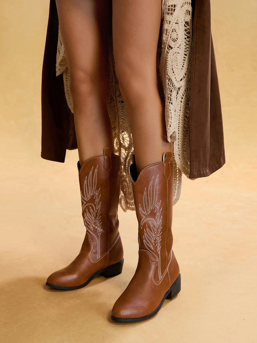 Tropiscape Elegant Women's Fashion 1-Piece Slip-On Embroidered Western Boots, High Heel Embroidered Western Boots, Charming Embroidered Cowboy Boots, 1-Piece Slip-On Autumn/Winter Mid-Calf Flat Women Boots, Available In White, Brown And Black Gifts - Brown - View 1