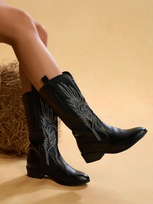 Tropiscape 2025秋冬季优雅女士时尚刺绣西部靴，高跟刺绣西部靴，时尚刺绣牛仔靴，白色、棕色和黑色套穿式中筒平底女靴，圣诞礼物 - 黑色 - 查看 3