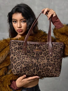 DareSee 新款女士包包，复古时尚豹纹大容量手提包。拉链开口，轻便简约的单肩包。适合日常休闲、通勤、工作和学生使用，也是音乐节等场合的理想礼物。 - 棕色 - 查看 4