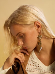 Tropiscape 复古波西米亚长羽毛吊坠耳环 手工波西米亚风耳坠 女士耳饰 女士圣诞礼物 - 棕色 - 查看 2