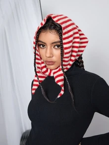 DareSee 欧洲设计师针织条纹小三角围巾，女士保暖条纹围脖头巾，街头时尚头巾，可爱女孩小三角围巾，秋冬音乐节礼物 - 彩色 - 查看 16