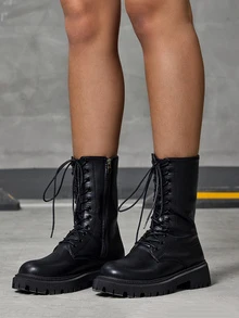DareSee 秋冬季侧拉链系带马丁靴，女士时尚粗跟黑色靴子，音乐节礼物 - 黑色 - 查看 1