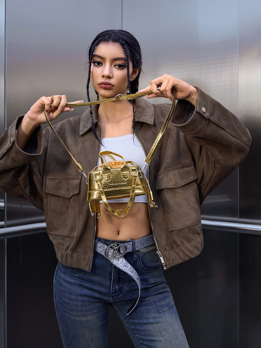 DareSee Crocodile Embossed Bucket Bag Mini Drawstring Design Funky Gifts - Gold - View 1