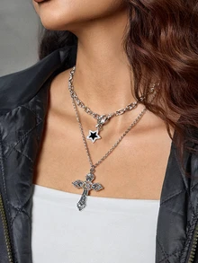 DareSee 2 Stück Gothic Vintage Punk Stil Kreuz Stern Anhänger Halsketten für Frauen, Weihnachtsgeschenke