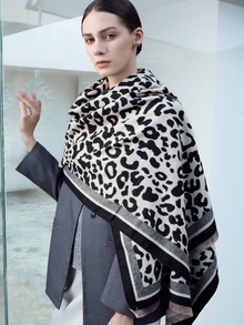 CHICVUE 波西米亚风女士双面豹纹提花仿羊绒围巾披肩，适合秋冬季日常佩戴，亦可作为圣诞礼物 - 彩色 - 查看 5