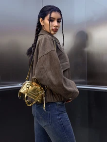 DareSee Crocodile Embossed Bucket Bag Mini Drawstring Design Funky Gifts - Gold - View 2