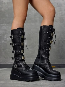 DareSee Damskie różowe, okrągłe, grube, długie kozaki na obcasie i grubym obcasie, sznurowane, elastyczne, modne buty na jesień/zimę, buty Y2k na prezenty świąteczne - Czarne - Zobacz 1
