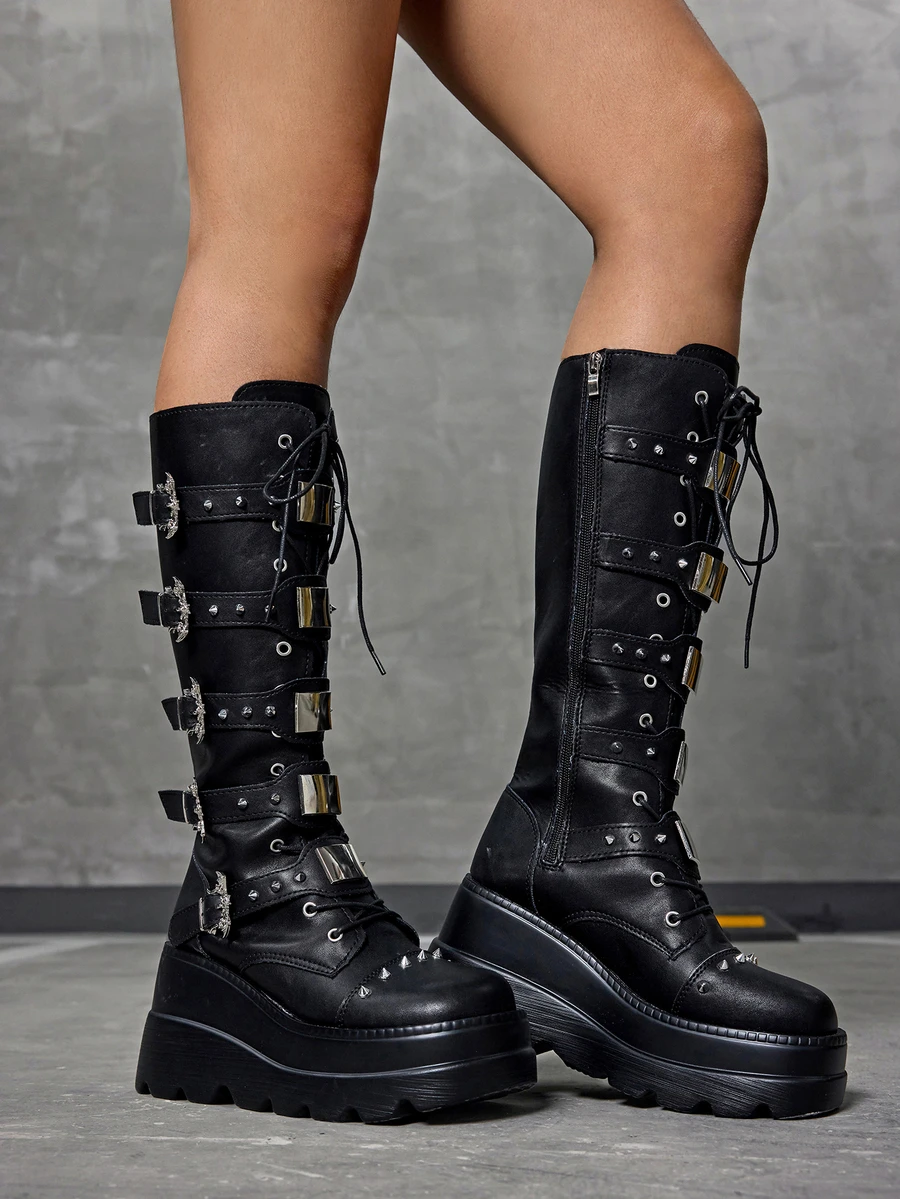 DareSee Damskie różowe, okrągłe, grube, długie kozaki na obcasie i grubym obcasie, sznurowane, elastyczne, modne buty na jesień/zimę, buty Y2k na prezenty świąteczne - Czarne - Zobacz 1