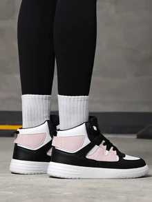 DareSee 女士黑粉蓝高帮运动鞋，休闲系带圆头舒适鞋，音乐节礼物 - 白黑粉色四季款 - 查看 4