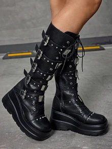 DareSee Damskie różowe, okrągłe, grube, długie kozaki na obcasie i grubym obcasie, sznurowane, elastyczne, modne buty na jesień/zimę, buty Y2k na prezenty świąteczne - Czarne - Zobacz 2