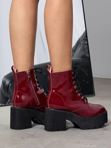 DareSee 2025秋冬新款女士极简主义前系带侧拉链粗跟防水厚底黑色时尚靴,可搭配连衣裙,是音乐节的理想礼物 - 紅色 - 查看 4