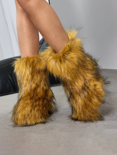 DareSee 여성 겨울 따뜻한 라운드 토 미끄럼 방지 털 미드 카프 부츠, 패셔너블한 스노우 부츠; 여성 짧은 털 부츠 선물 음악 축제