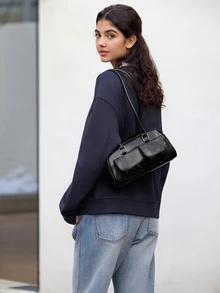 Hatastic Bolso de mano de mujer con múltiples bolsillos, bolso de gran capacidad para ir al trabajo, adecuado para usar en primavera/verano, festivales de música, asistir a fiestas, regalo (incluye colgante), bolso de estilo callejero y japonés para mujeres, regalo de Navidad - Negro - Ver 3