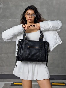 DareSee 新款女士手提包，水洗皮革托特包，大容量钱包，复古单肩包，黑色女士旅行包，吸睛工作包，新款时尚大包，新款女士托特包，音乐节礼物 - 黑色 - 查看 2