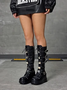 DareSee Damskie różowe, okrągłe, grube, długie kozaki na obcasie i grubym obcasie, sznurowane, elastyczne, modne buty na jesień/zimę, buty Y2k na prezenty świąteczne - Czarne - Zobacz 3