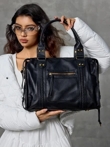 DareSee 新款女士手提包，水洗皮革托特包，大容量钱包，复古单肩包，黑色女士旅行包，吸睛工作包，新款时尚大包，新款女士托特包，音乐节礼物 - 黑色 - 查看 3