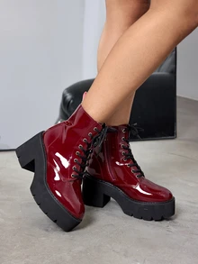 DareSee 2025秋冬新款女士极简主义前系带侧拉链粗跟防水厚底黑色时尚靴,可搭配连衣裙,是音乐节的理想礼物 - 紅色 - 查看 3