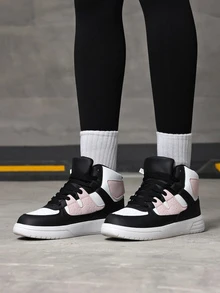 DareSee 女士黑粉蓝高帮运动鞋，休闲系带圆头舒适鞋，音乐节礼物 - 白黑粉色四季款 - 查看 3