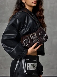 DareSee 1pc Women Retro Biker Chic Studded Adjustable Strap Crossbody Bag, Large Capacity Soft Gradient Leather Shoulder/Underarm Bag, Suitable For Work, Dating, Parties, Vintage Bag For Women, Purse Perfect For Fancy Party Fashion & Gothic Fashion Gifts - Brown - View 3