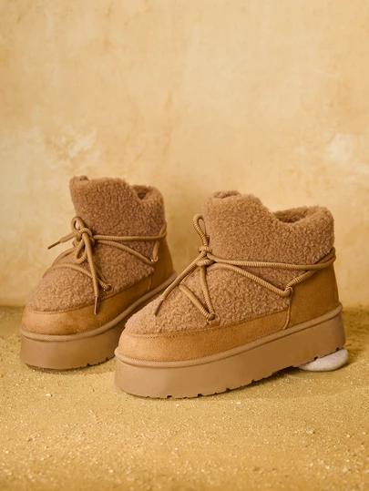 Tropiscape 女士新款厚底雪地靴，冬季保暖内衬复古系带羊皮雪地靴，防滑时尚短靴，米色、黑色、棕色可选，圣诞礼物