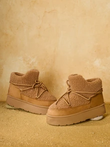 Tropiscape 女士新款厚底雪地靴，冬季保暖内衬复古系带羊皮雪地靴，防滑时尚短靴，米色、黑色、棕色可选，圣诞礼物 - 棕色 - 查看 2