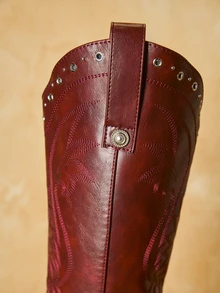 Tropiscape 女士西部牛仔靴 性感过膝刺绣红色时尚拉链西部靴 套穿尖头粗跟乡村长靴 圣诞礼物 - 酒紅色 - 查看 6