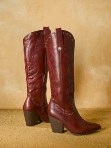 Tropiscape 女士西部牛仔靴 性感过膝刺绣红色时尚拉链西部靴 套穿尖头粗跟乡村长靴 圣诞礼物 - 酒紅色 - 查看 4