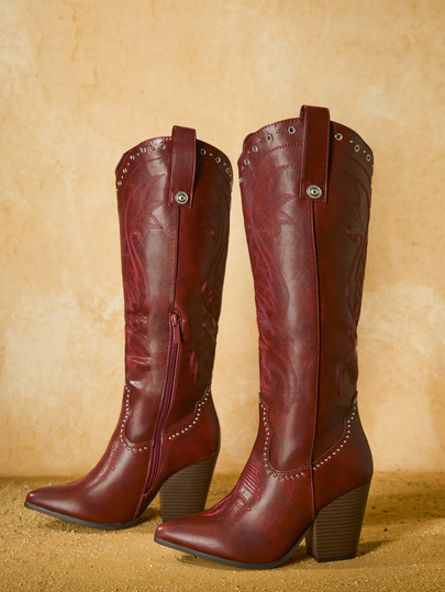 Tropiscape Damskie kowbojki w stylu western, seksowne, wysokie do kolan, haftowane, czerwone, modne, zapinane na zamek, wsuwane, szpiczaste, na grubym obcasie, wiejskie, długie buty, prezenty świąteczne