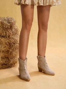 Tropiscape 1双女士纯色西部风格粗跟靴，2025秋冬新款时尚百搭女士套脚踝靴，圣诞礼物 - 米色 - 查看 1